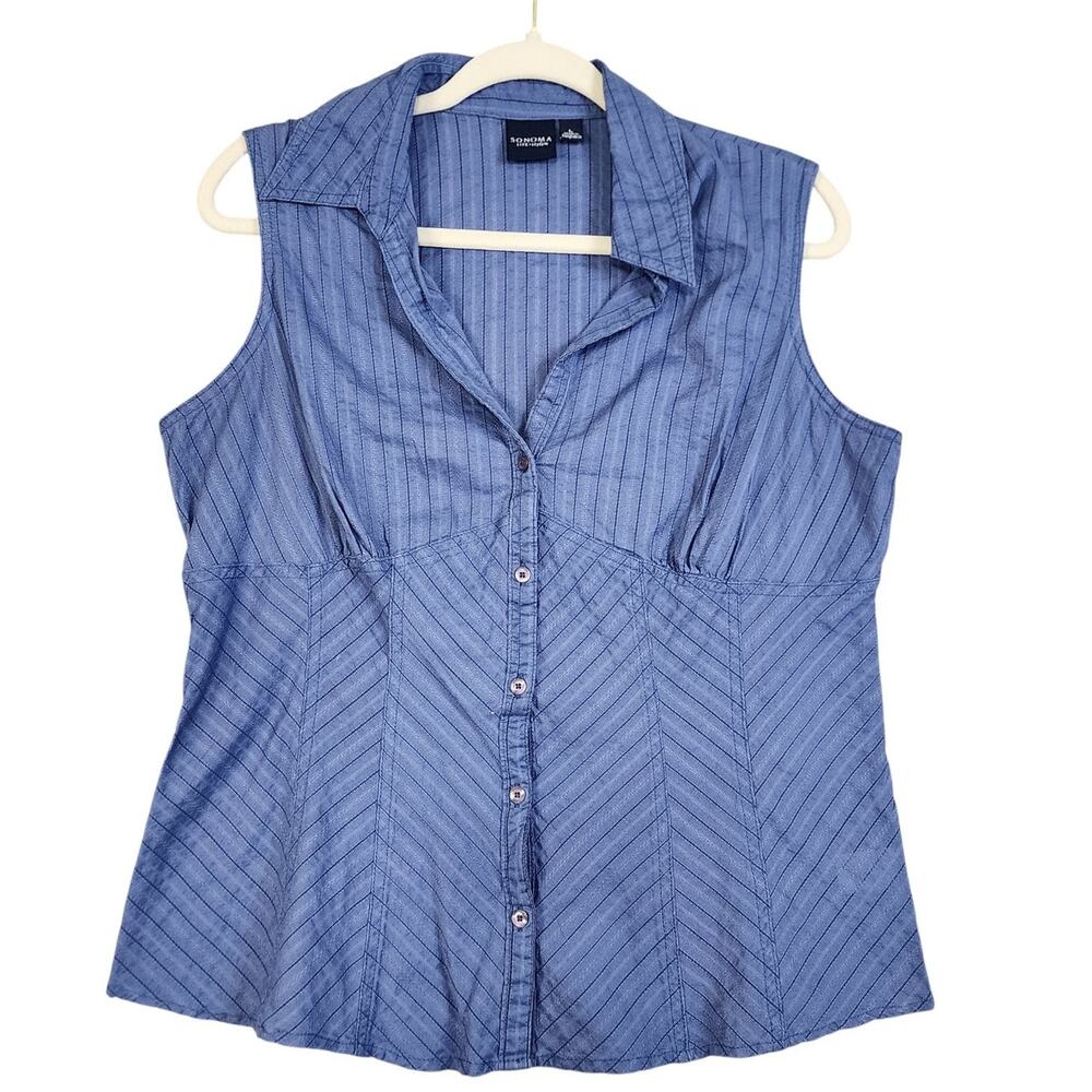Sonoma Womens Sleeveless Babydoll Blouse Size Large Blue Button‎ Front Y2K Boho